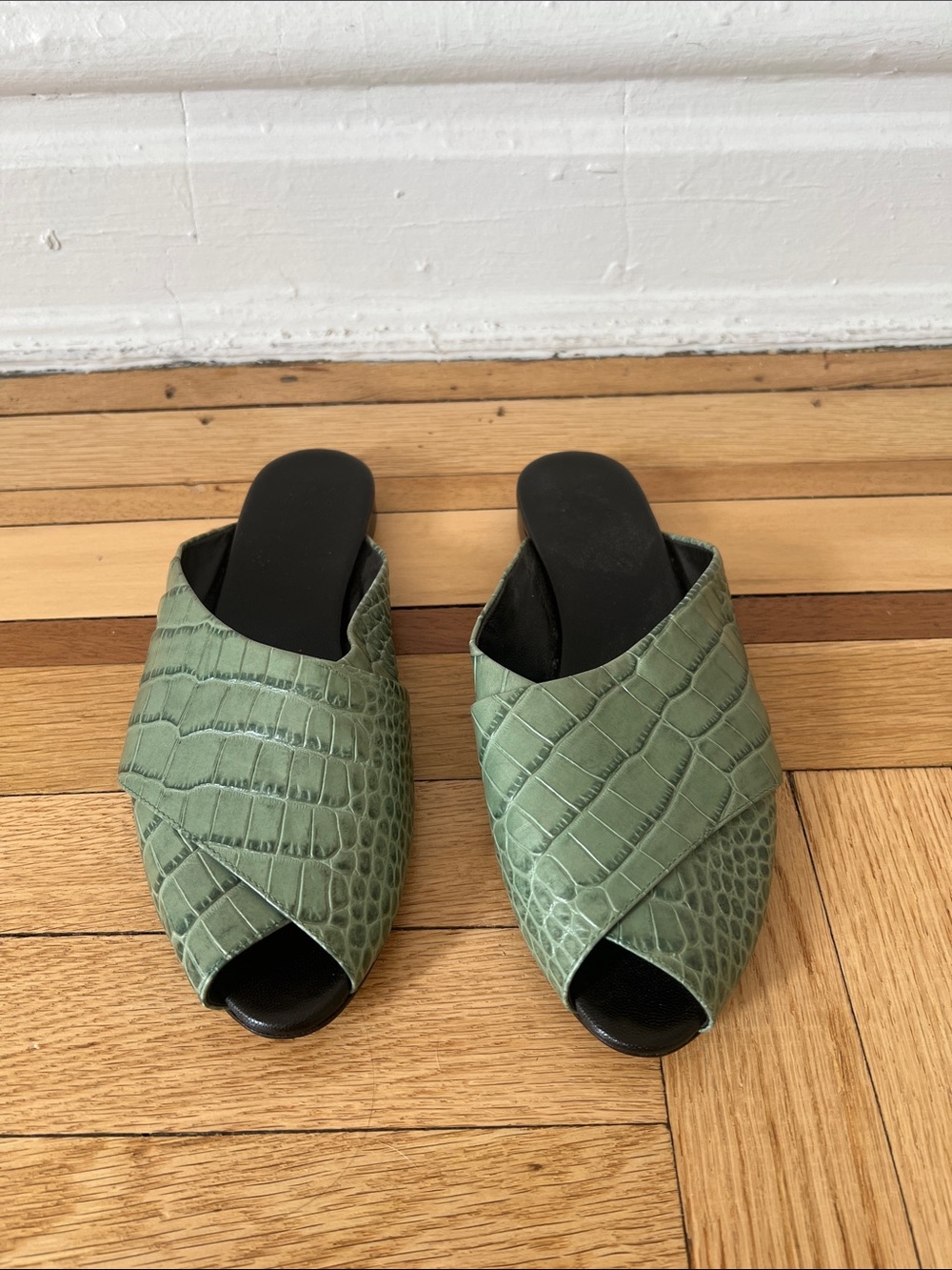 Women’s Trademark Green Croc-Embossed Slide Mules